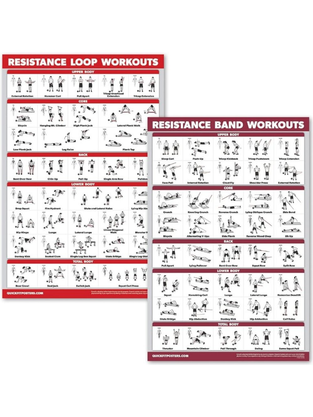2 Pack Resistance Bands & Loops Workout Posters - Laminated Exercise Charts